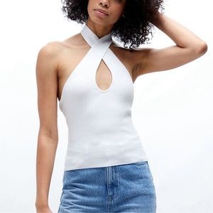 MINKPINK Maitland Knit Tank Top in White ribbed keyhole halter